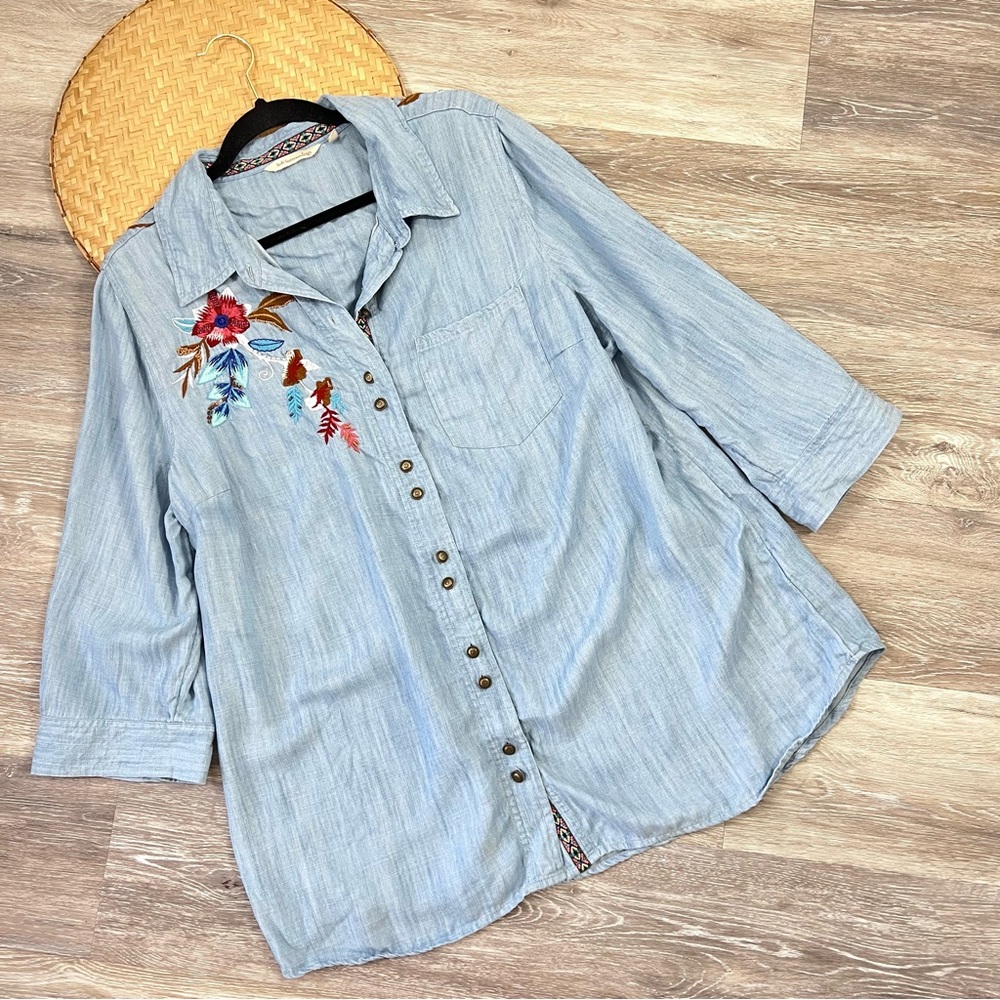 Spring Showers Embroidered Blouse, Chambray